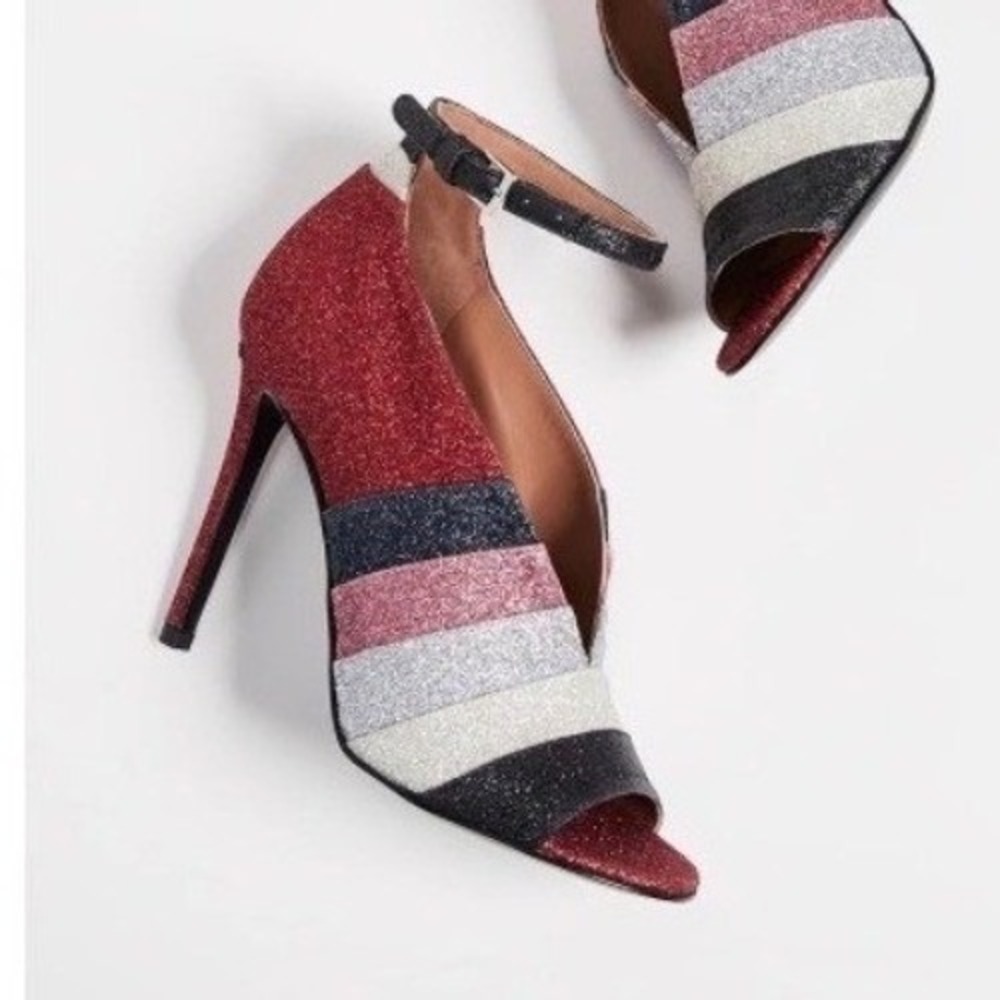 Laurence Dacade Sianni Glitter Ankle Strap Heels Sz 7.5‎ Red Black Metallic Luxe
